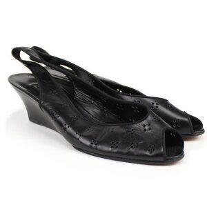Maraolo Black Perforated Leather Slingback Peeptoe Wedge Sole Heels 37 .5 Italy